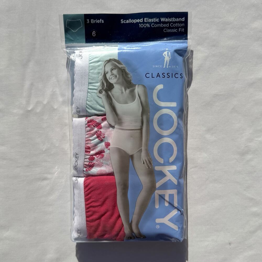 Jockey Classics 3 Pack Briefs Womens 6 Pink Green Scalloped Elastic Waistband